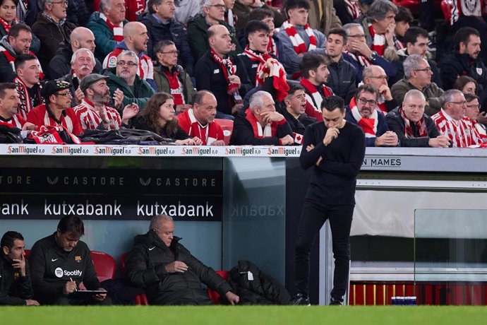 Xavi Hernandez head coach of FC Barcelona reacts during the Copa del Rey match between Athletic Club and FC Barcelona at San Mames on January 24, 2024, in Bilbao, Spain.