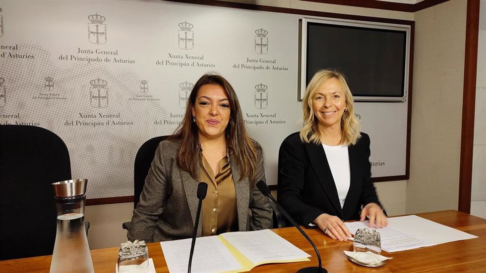 La portavoz de Vox en la Junta General Carolina López y la diputada Sara Álvarez Rouco en rueda de prensa.