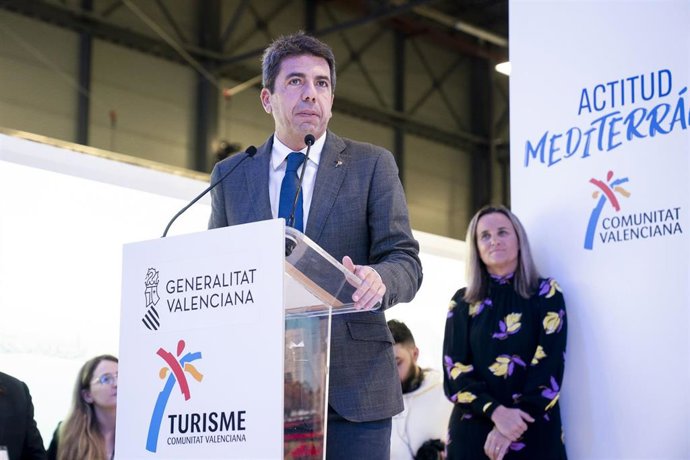 El president de la Generalitat, Carlos Mazón, interviene durante la primera jornada de la Feria Internacional de Turismo, FITUR 2024.