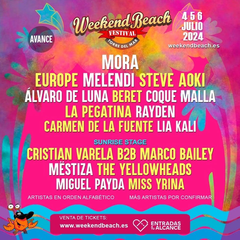 Cartel del Weekend Beach Festival Torre del Mar, cuyas nuevas confirmaciones se han dado a conocer en el marco de la Feria Internacional de Turismo, Fitur, que se celebra en Madrid.