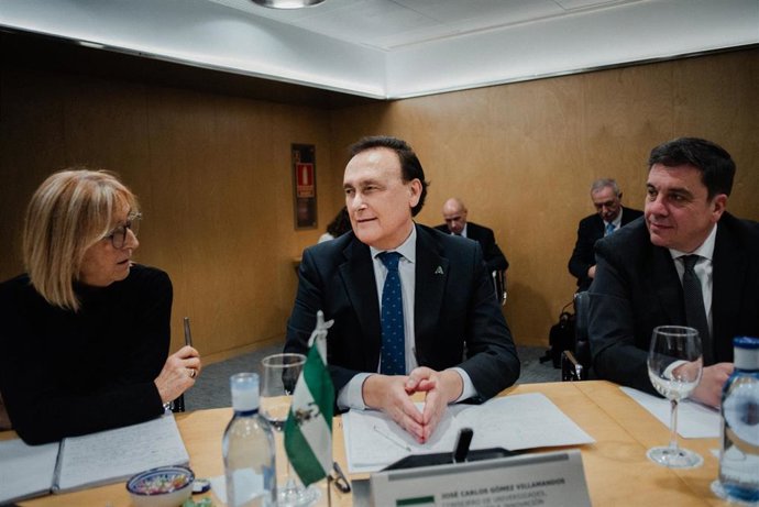 El consejero de Universidad, Investigación e Innovación, José Carlos Gómez Villamandos (c), conversa a su llegada a la Conferencia General de Política Universitaria en el Ministerio de Ciencia de Madrid, a 25 de enero de 2024, en Madrid (España).
