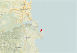 Zona epicentral del terremoto de magnitud 2,4 en la costa del Alt Empordà (Girona)