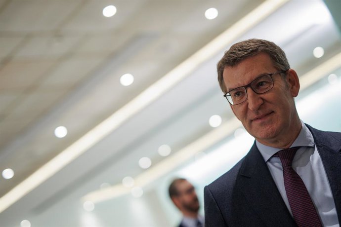 El presidente del PP, Alberto Núñez Feijóo, durante un desayuno informativo de Europa Press, en el hotel Hyatt Regency Hesperia, a 25 de enero de 2024, en Madrid (España).