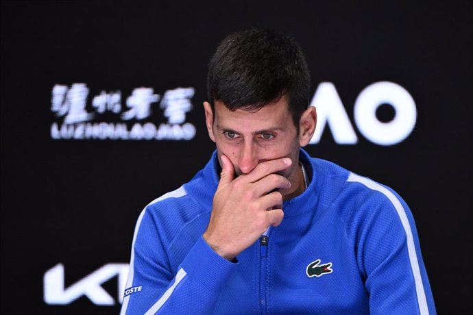 Novak Djokovic of Serbia speaks to the media during his post match press coneference following his Mens semifinal loss to Jannik Sinner of Italy on Day 13 of the 2024 Australian Open at Melbourne Park in Melbourne, Friday, January 26, 2024. (AAP Image/