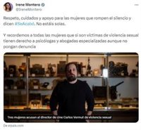 Irene Montero expresa "respeto y apoyo" a las tres mujeres que acusan al director Calos Vermut de violencia sexual