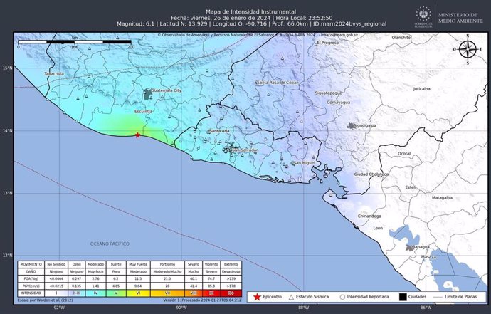 Mapa de intensidad instrumental tras la ocurrencia de sismo mag. 6.1, en territorio Guatemalteco