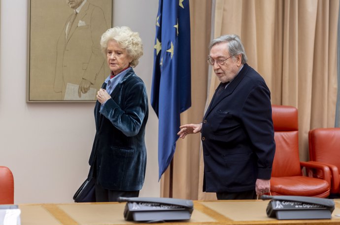 El vicepresidente del consejo federal español movimiento europeo, Eugenio Nasarre, durante el acto conmemorativo del centenario del nacimiento de Fernando Álvarez de Miranda, en el Congreso de los Diputados, a 12 de enero de 2024, en Madrid (España). 