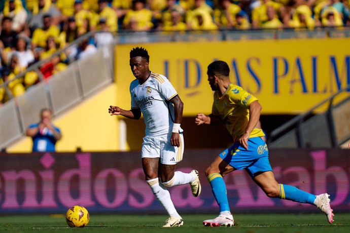 Vinicius Junior of Real Madrid in action during the Spanish league, La Liga EA Sports, football match played between UD Las Palmas and Real Madrid at Estadio Gran Canaria on January 27, 2024, in Las Palmas de Gran Canaria, Spain.