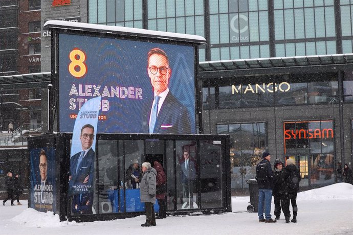 January 21, 2024, Helsinki, Uusimaa, Finland: Pavilion of the election campaign of presidential candidate Alexander Stubb, seen along the street. The presidential elections in Finland will take place on January 28, 2024. The election campaign of president