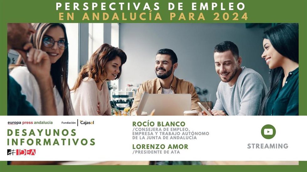 Cartel anunciador del desayuno informativo de Europa Press Andalucía el 2 de febrero en Córdoba con la consejera de Empleo, Rocío Blanco, y el presidente de ATA, Lorenzo Amor, sobre las perspectivas del empleo en 2024