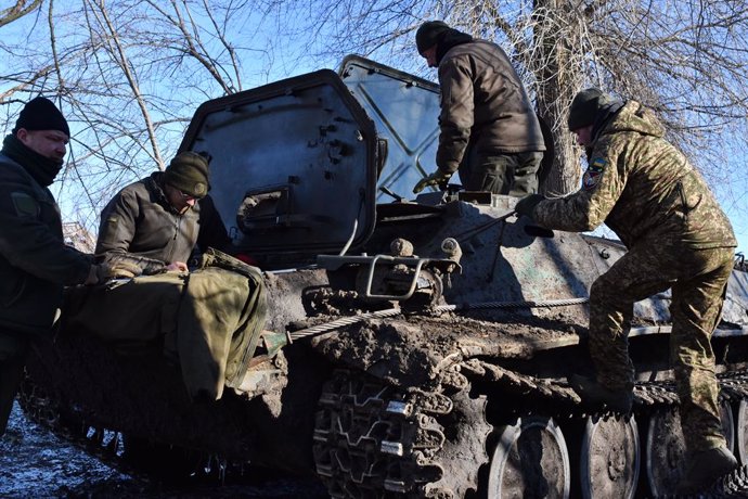 January 23, 2024, Orikhiv, Zaporizhzhia, Ukraine: Ukrainian soldiers repair the armoured personnel carrier in Orikhiv. The UK defence secretary Grant Shapps said its allies need to 'step up' the amount of military aid given to Ukraine. The finance ministe