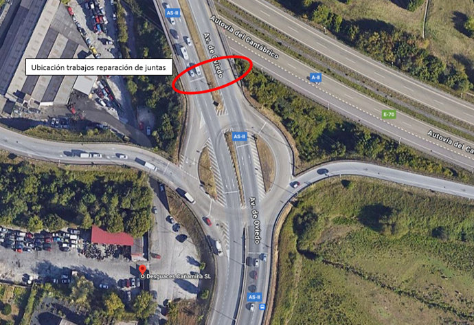 Captura de la ubicación de los trabajos de conservación en la AS-II a la entrada de Gijón