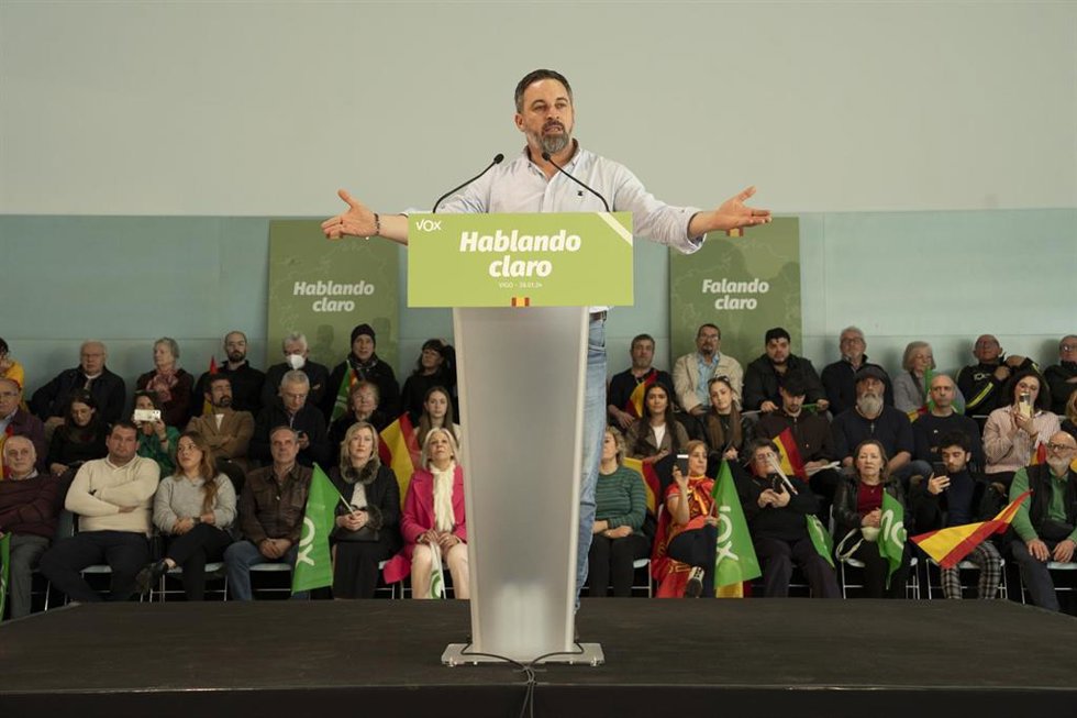 El presidente de Vox, Santiago Abascal, en un acto en Vigo.