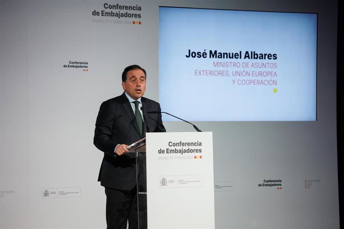 El ministro de Asuntos Exteriores, Unión Europea y Cooperación, José Manuel Albares, interviene durante la VIII Conferencia de Embajadores