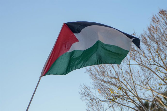 January 27, 2024, Rome, Italy: Palestine flag waves during the pro-Palestine demonstration. The event was banned by the Italian authorities because it coincided with the celebration, for Remembrance Day to commemorate the victims of the Holocaust throug