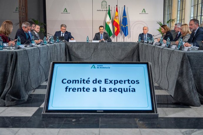 El presidente de la Junta de Andalucía, Juanma Moreno, interviene para los medios de comunicación, a 18 de enero de 2024, en Sevilla, Andalucía (España). El presidente de la Junta de Andalucía, Juanma Moreno, preside la reunión del comité de expertos pa