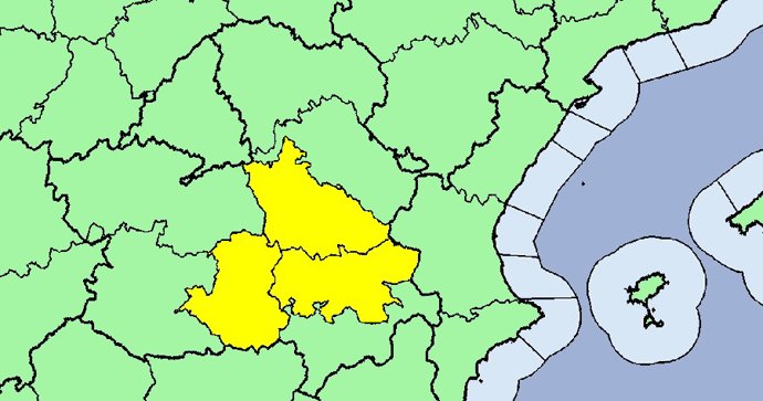 Mapa con las zonas meteorológicas en alerta amarilla por niebla.