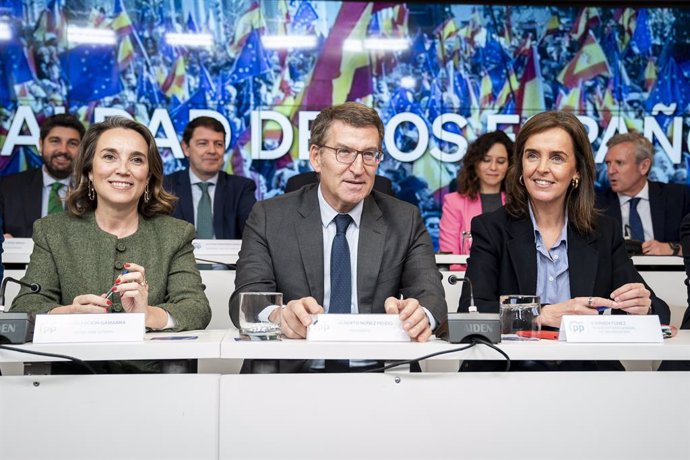 (I-D) La secretaria general del Partido Popular, Cuca Gamarra; el líder del PP, Alberto Núñez Feijóo, y la vicesecretaria de Organización Territorial del PP, Carmen Fúnez, durante la Junta Directiva Nacional del Partido Popular, en la sede de Génova, a 