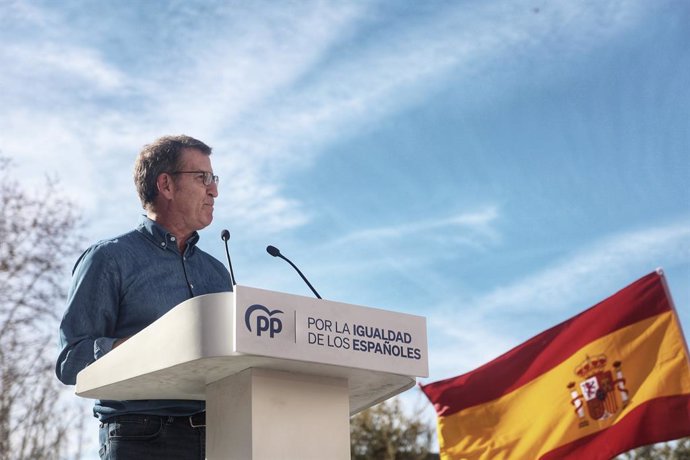 El presidente del Partido Popular, Alberto Núñez Feijóo, interviene durante una manifestación convocada por el PP, a 28 de enero de 2024, en Madrid (España). El PP se ha movilizado hoy para oponerse a los pactos entre el PSOE y el independentismo, tras el