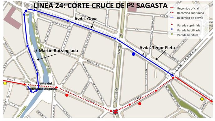 Desvío del bus en el paseo Sagasta de Zaragoza.