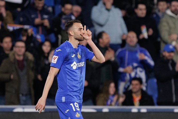 Borja Mayoral of Getafe celebrates a goal during the Spanish League, LaLiga EA Sports, football match played between Getafe CF and Granada CF at Coliseum stadium on January 29, 2024 in Madrid, Spain.
