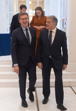 El presidente del PP, Alberto Núñez Feijóo (i) y el presidente del Partido Popular del País Vasco, Javier de Andrés Guerra (d), a su llegada a un desayuno informativo de Fórum Europa, en el Hotel Mandarin Oriental Ritz, a 30 de enero de 2024, en Madrid 