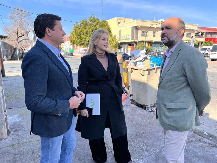 De izquierda a derecha, los concejales de Vox en el Ayuntamiento de Sevilla, Fernando Rodríguez Galisteo, Cristina Peláez y Gonzalo García de Polavieja.