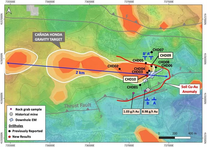 Figure 1 - Cañada Honda gravity anomaly map showing locations for new drillholes CHD09 and CHD10, and cross-section locations A-A (Figure 2) and B-B (Figure 3).