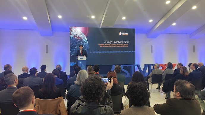 El consejero de Ciencia, Empresas, Formación y Empleo, Borja Sánchez, durante su intervención en el evento sobre internacionalización Asturex Open Days.