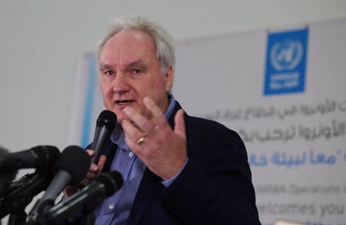 Archivo - April 8, 2019 - Gaza City, Gaza Strip, Palestinian Territory - Matthias Schmale, Director of United Nations Relief and Works Agency (UNRWA) Operations in Gaza speaks during a press conference at the headquarters UNRWA, in Gaza city, on April 08,