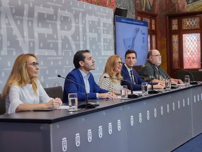 El consejero de Innovación del Cabildo, Juan José Martínez; la presidenta, Rosa Dávila, el director de DISA Renovables, Joaquín Gurriarán y el director de Medio Ambiente del ITER, Nemesio Pérez, en una rueda de prensa sobre proyectos de geotermia