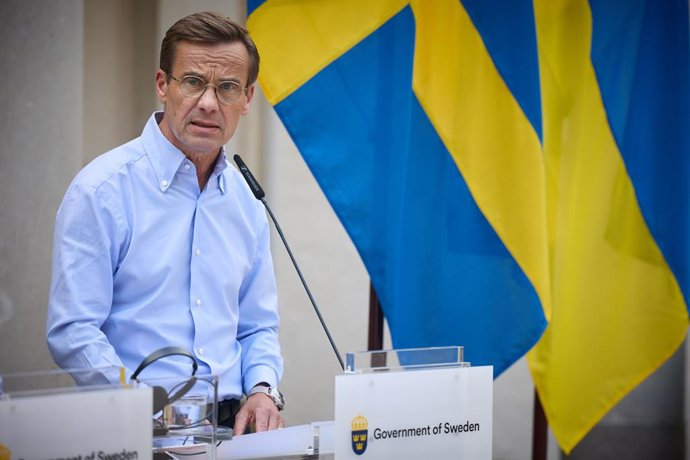 Archivo - HANDOUT - 19 August 2023, Sweden, Harpsund: Swedish Prime Minister Ulf Kristersson speaks during a joint press conference with Ukrainian President Volodymyr Zelensky at the residence of the Swedish Prime Minister in Harpsund. Photo: -/Ukrainian 