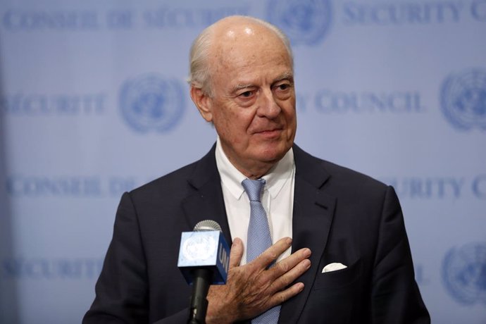 Archivo - UNITED NATIONS, Dec. 20, 2018  Outgoing UN Special Envoy for Syria Staffan de Mistura speaks to journalists during a press encounter after a Security Council meeting on Syria, at the UN headquarters in New York, Dec. 20, 2018. UN Special Envoy