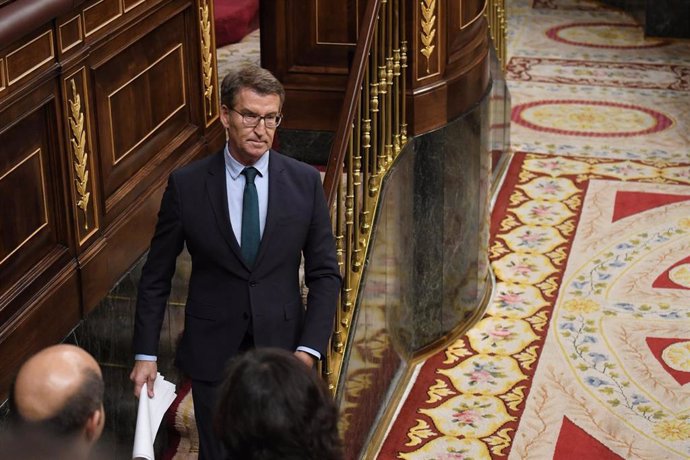 El presidente del Partido Popular, Alberto Núñez Feijóo, tras su intervención, durante una sesión plenaria, en el Congreso de los Diputados, a 30 de enero de 2024, en Madrid (España). El Pleno del Congreso celebra una sesión extraordinaria hoy para debati