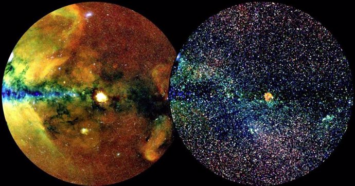 La sección del cielo del eRosita All-Sky Survey Catalog (eRASS1) en dos representaciones diferentes. La imagen de la izquierda muestra una emisión de rayos X extendida, mientras que la imagen de la derecha muestra fuentes de rayos X puntuales.