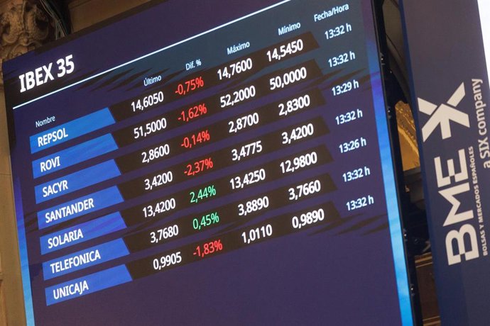Archivo - Un panel del Ibex 35 en el Palacio de la Bolsa, a 6 de septiembre de 2023, en Madrid (España).