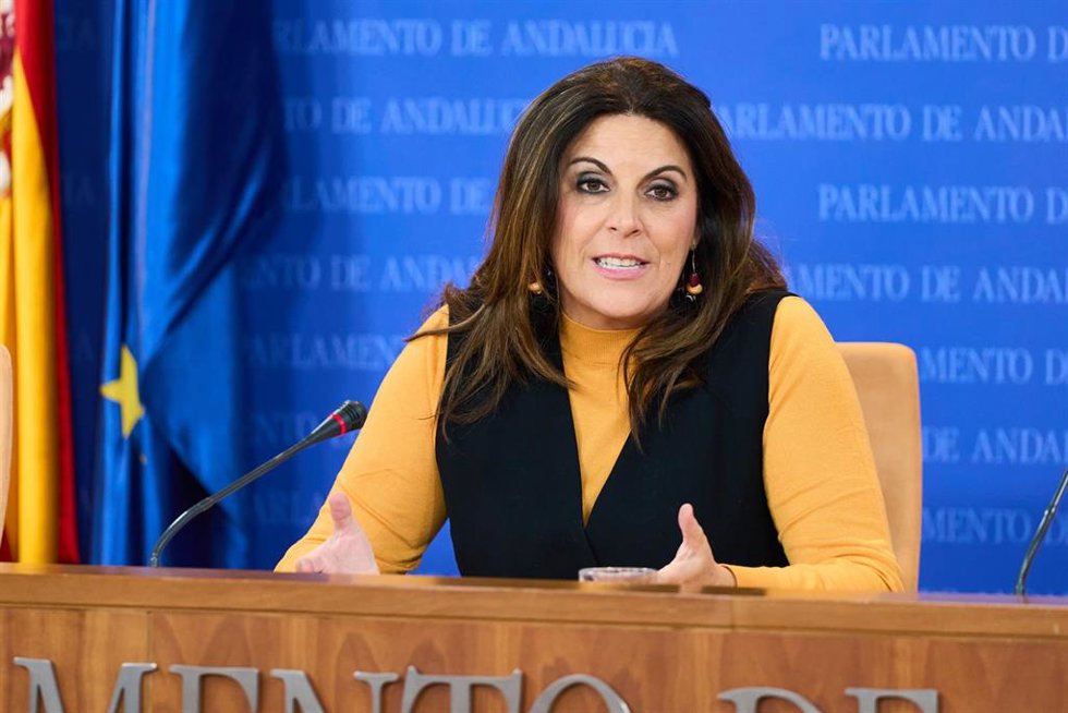 La portavoz del Grupo Parlamentario Socialista, Ángeles Férriz, durante la ronda de ruedas de prensa de portavoces de los grupos parlamentarios en el Parlamento de Andalucía, a 31 de enero de 2024 en Sevilla (Andalucía, España). Los portavoces de los gr