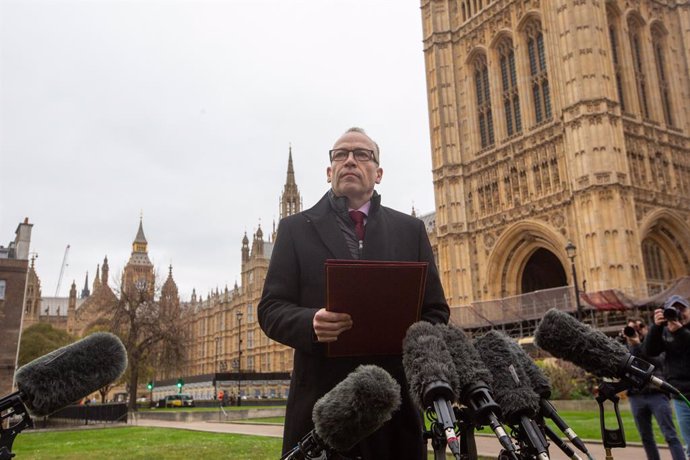 January 30, 2024, London, England, United Kingdom: Northern Ireland Secretary CHRIS HEATON-HARRIS speaks to the media in College Green, Westminster, as power sharing in Northern Ireland is set to return after the DUP party executive backed a Government de