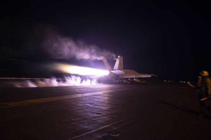 January 22, 2024, Red Sea, United States: A U.S. Navy F/A-18F Super Hornet fighter jet, performs a night-time launch off the flight deck of the Nimitz-class aircraft carrier USS Dwight D. Eisenhower in support of Operation Prosperity Guardian, January 22,