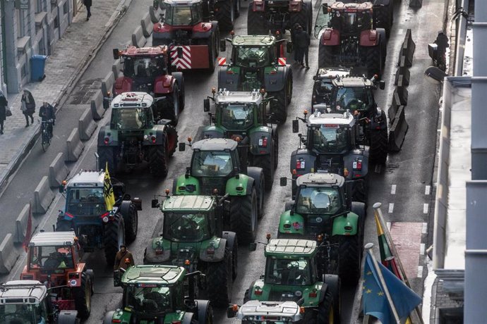 Rows of tractors pictured from a building in the Belliard street during a protest action in the European district in Brussels, organized by several agriculture unions from Belgium but also other European countries on Thursday 01 February 2024. ABS (Alge