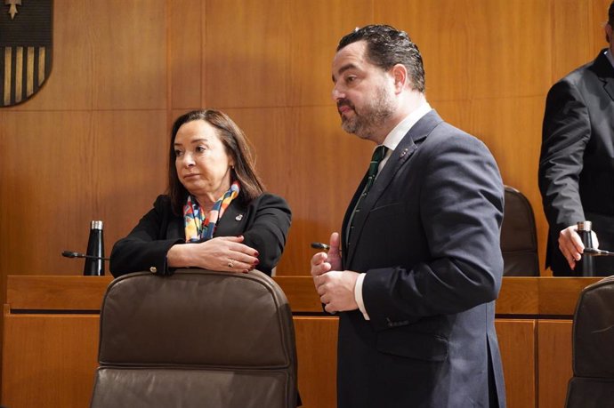 Los diputados de VOX David Arranz y Carmen Rouco, en la sesión plenaria de las Cortes de Aragón.