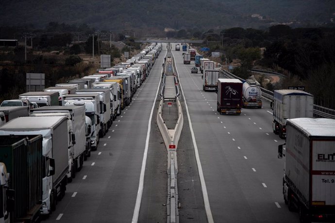 Camiones parados durante el corte de la A-9 francesa por una protesta de agricultores franceses, a 1 de febrero de 2024, en Le Boulou (Francia)