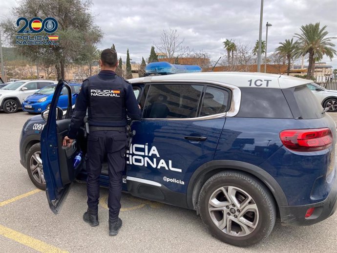 Un agente de la Policía Nacional junto a un coche oficial.