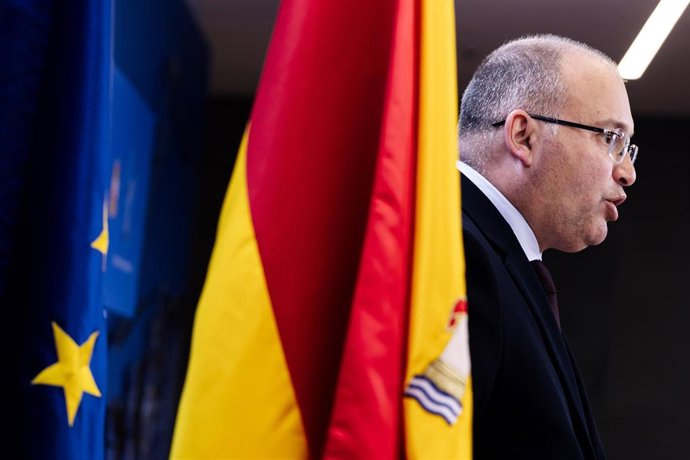 El portavoz del Grupo Parlamentario Popular en el Congreso, Miguel Tellado, durante una rueda de prensa posterior de la reunión de la Junta de Portavoces, en el Congreso de los Diputados, a 30 de enero de 2024, en Madrid (España).