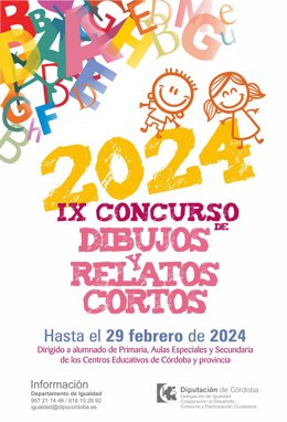 Cartel de la IX edición del Concurso de Dibujos y Relatos Cortos '8 de Marzo por la Igualdad'.