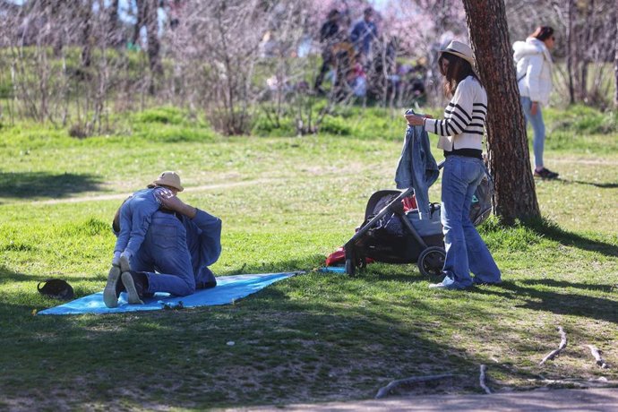 Archivo - Un padre juega con su hijo en la Casa de Campo, a 19 de marzo de 2023, en Madrid (España) en una foto de archivo