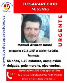 SOS Desaparecidos. Manuel Álvarez Casal. A Cañiza (Pontevedra).