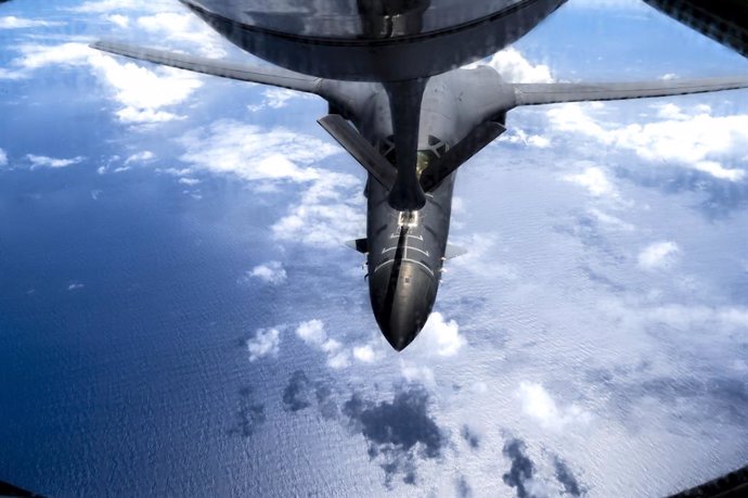 August 30, 2023, Sea of Japan, Japan: U.S. Air Force B-1B Lancer stealth strategic bomber aircraft, with the 28th Bomb Wing, refuels from a KC-135 Stratotanker during a Japanese - United States joint exercise, August 30, 2023 over the Sea of Japan.
