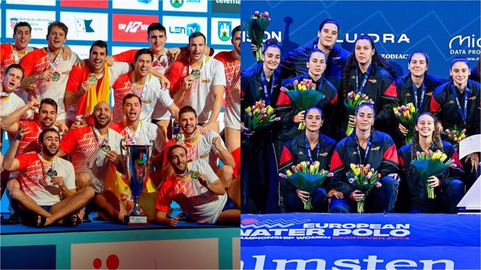 Selección masculina y femenina española waterpolo en el podio del Campeonato de Europa