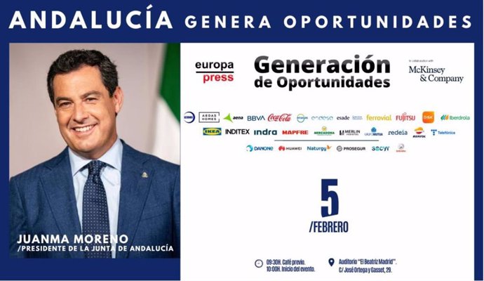 Cartel anunciador de la participación del presidente de la Junta de Andalucía, Juanma Moreno, en el foro Generación de Oportunidades organizado por Europa Press y McKinsey & Company en Madrid el lunes 5 de febrero de 2024